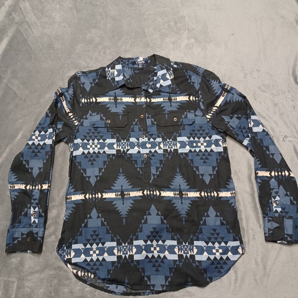 Chaps Shirt Womens Med Blue Southwestern Aztec Cotton Popover Long Sleeve Blouse
